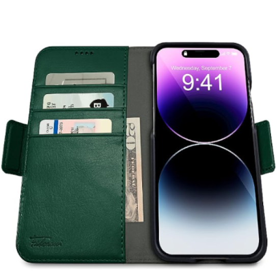 Étui CASECO iPhone 15 Pro Portefeuille / MagSafe / 5 cartes / aimant Vert